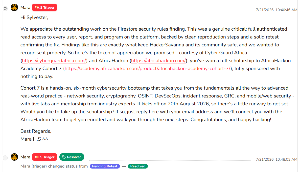 HackerSavanna triager awarding Sylvester Jusu a full AfricaHackon Academy Cohort 7 scholarship