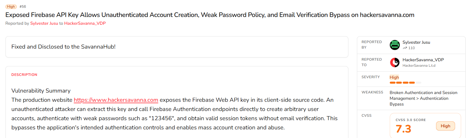Disclosed HackerSavanna report #56: Exposed Firebase API Key Allows Unauthenticated Account Creation, High severity, CVSS 7.3