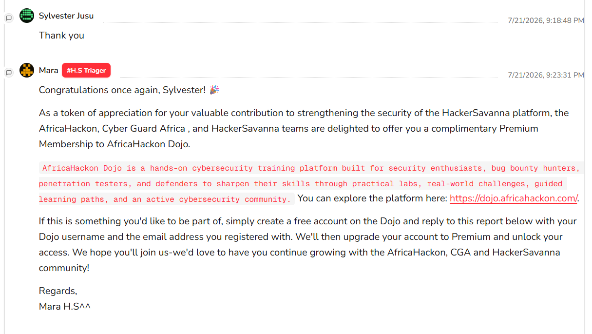Mara, HackerSavanna triager, awarding Sylvester Jusu premium membership to the AfricaHackon Dojo